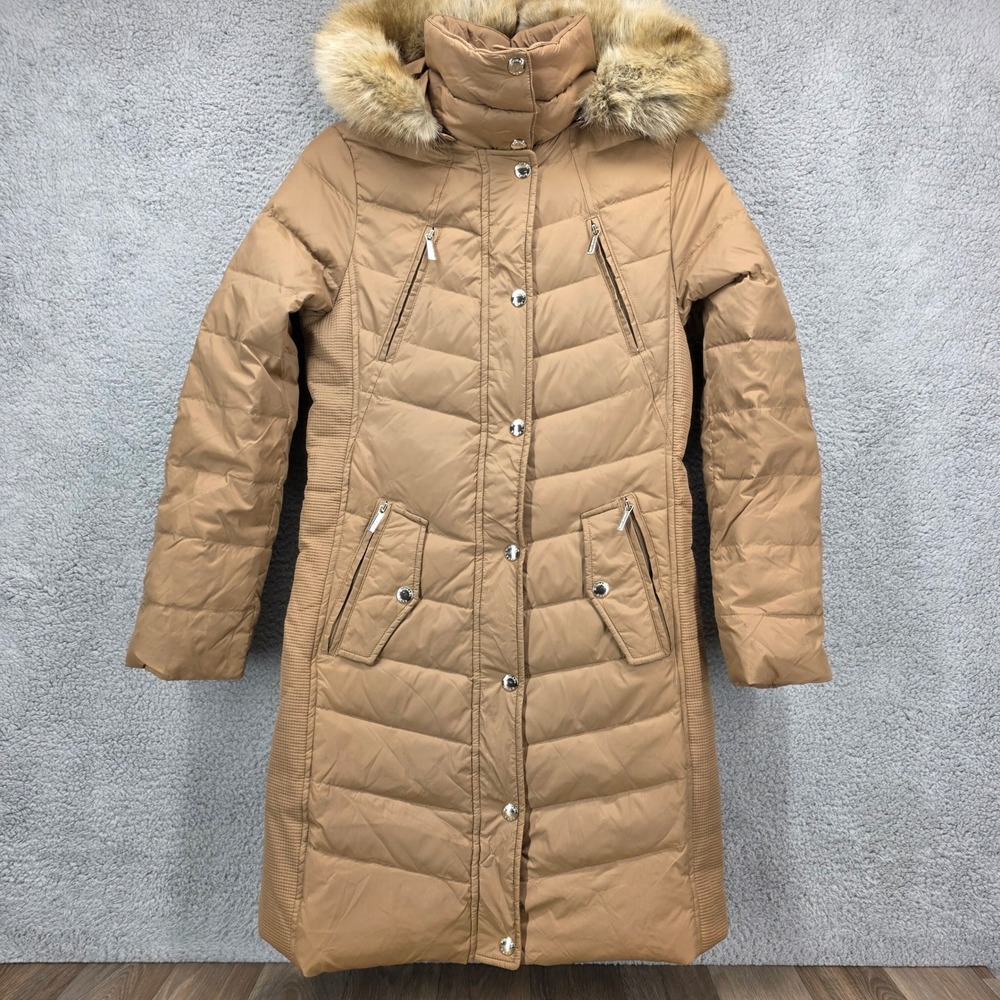 Michael Michael‎ Kors Tan Down Puffer Coat Faux Fur Hood XS Camel Long Jacket